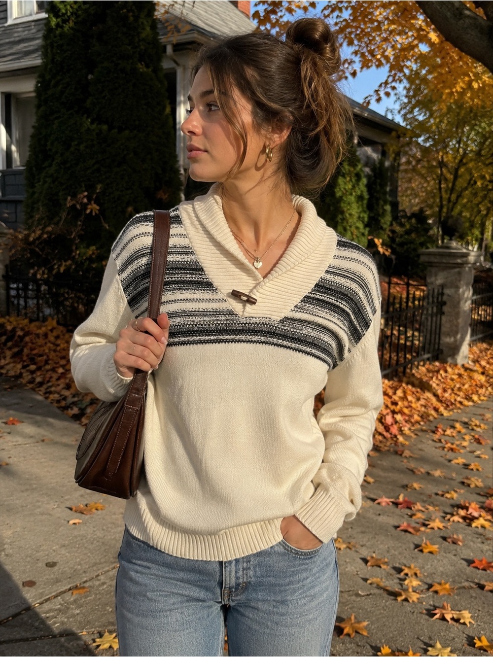 Weatherproof Vintage Nordic Inspired Cotton Striped Shawl Collar Sweater